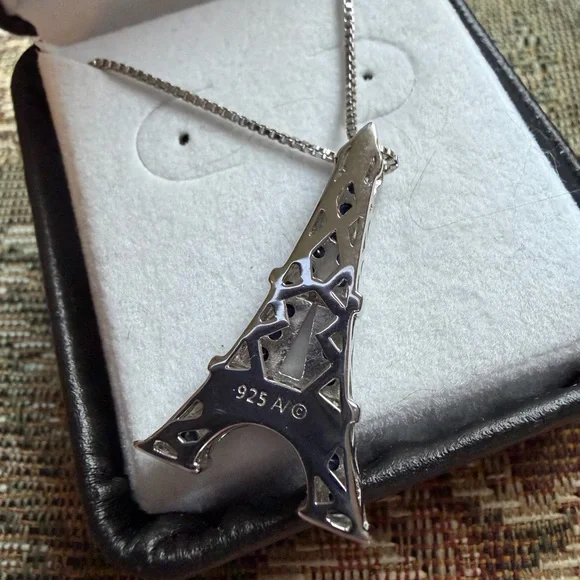 white gold plated black and white diamonds Eiffel Tower pendant necklace - Picture 3 of 6